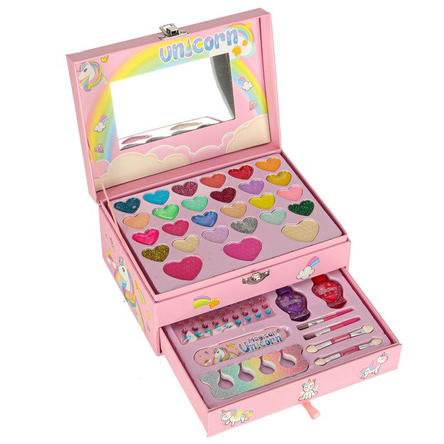 Makiažo ir nagų rinkinys makiažas kosmetika &scaron;e&scaron;ėliai lakai stalčiai vienaragis