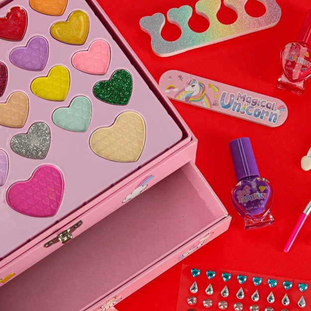 Makiažo ir nagų rinkinys makiažas kosmetika &scaron;e&scaron;ėliai lakai stalčiai vienaragis