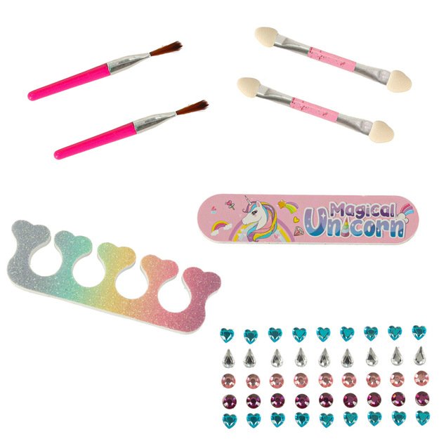 Makiažo ir nagų rinkinys makiažas kosmetika &scaron;e&scaron;ėliai lakai stalčiai vienaragis