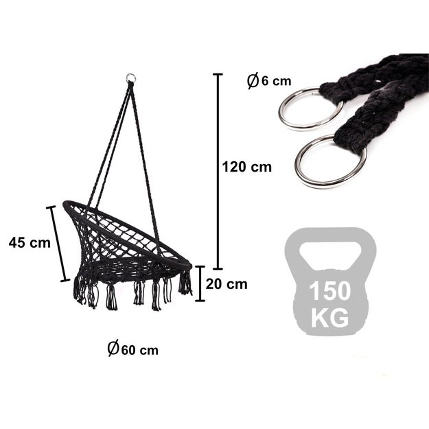 Er&scaron;kėčių lizdas fotelis supynės su atlo&scaron;u juodas 80cm