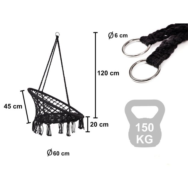 Er&scaron;kėčių lizdas fotelis supynės su atlo&scaron;u juodas 80cm