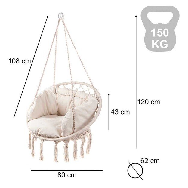 Er&scaron;kėčių lizdas fotelis supynės su atlo&scaron;u ecru 80cm + pagalvėlės