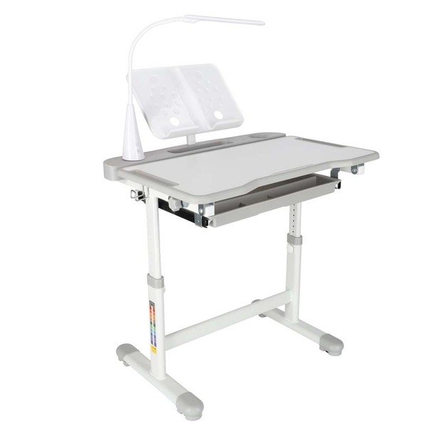 Vaiki&scaron;kas ra&scaron;omasis stalas su stalčiumi, kėdė, lempa, pilka