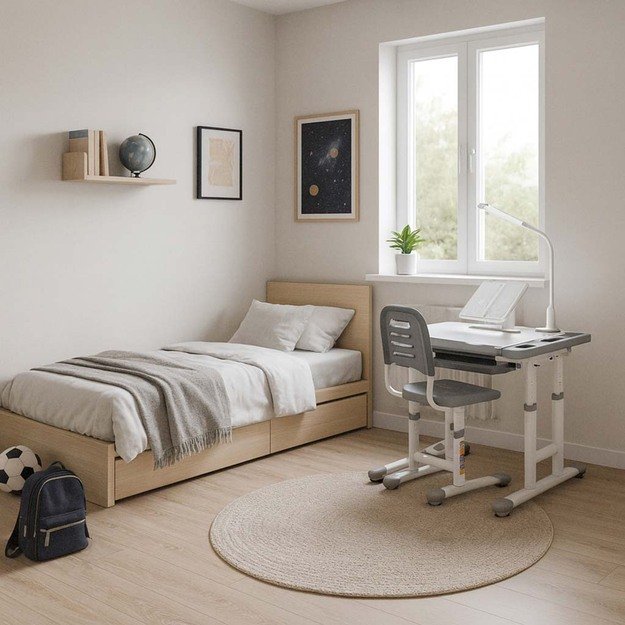 Vaiki&scaron;kas ra&scaron;omasis stalas su stalčiumi, kėdė, lempa, pilka