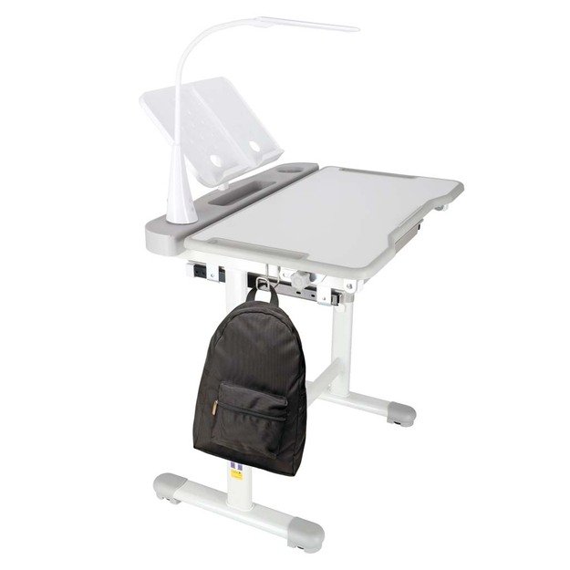 Vaiki&scaron;kas ra&scaron;omasis stalas su stalčiumi, kėdė, lempa, pilka