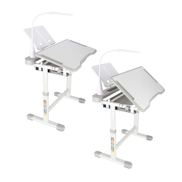 Vaiki&scaron;kas ra&scaron;omasis stalas su stalčiumi, kėdė, lempa, pilka