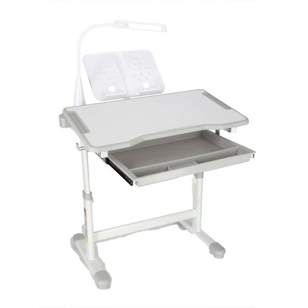 Vaiki&scaron;kas ra&scaron;omasis stalas su stalčiumi, kėdė, lempa, pilka