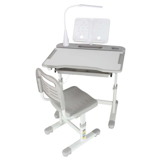 Vaiki&scaron;kas ra&scaron;omasis stalas su stalčiumi, kėdė, lempa, pilka