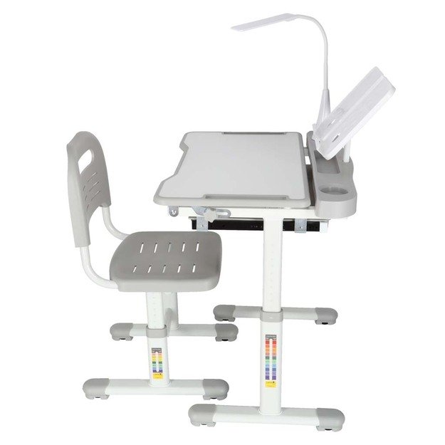 Vaiki&scaron;kas ra&scaron;omasis stalas su stalčiumi, kėdė, lempa, pilka