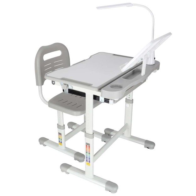 Vaiki&scaron;kas ra&scaron;omasis stalas su stalčiumi, kėdė, lempa, pilka