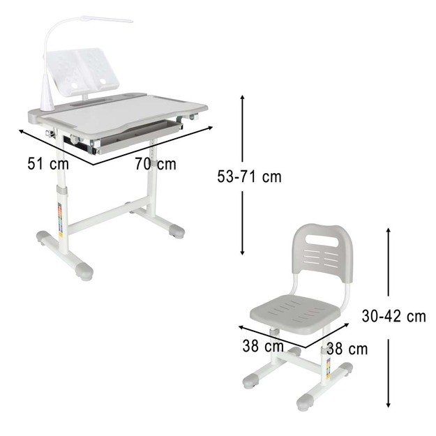 Vaiki&scaron;kas ra&scaron;omasis stalas su stalčiumi, kėdė, lempa, pilka