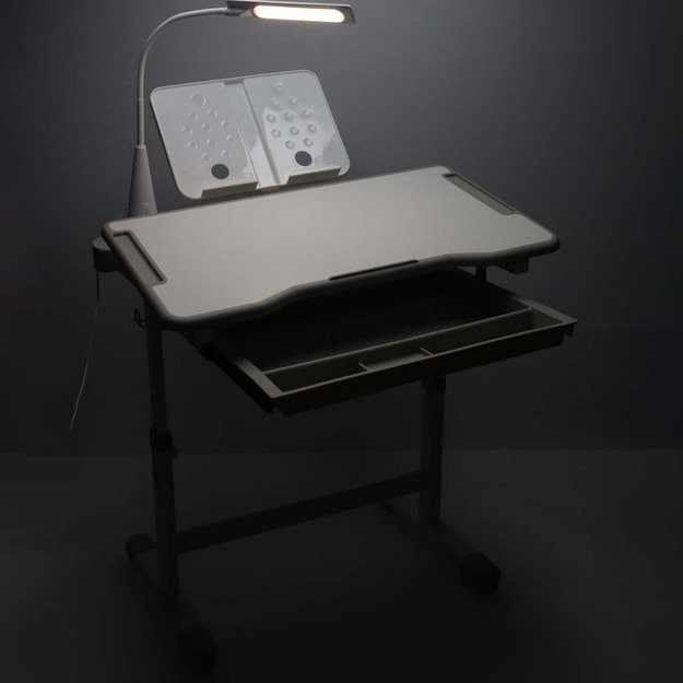 Vaiki&scaron;kas ra&scaron;omasis stalas su stalčiumi, kėdė, lempa, pilka