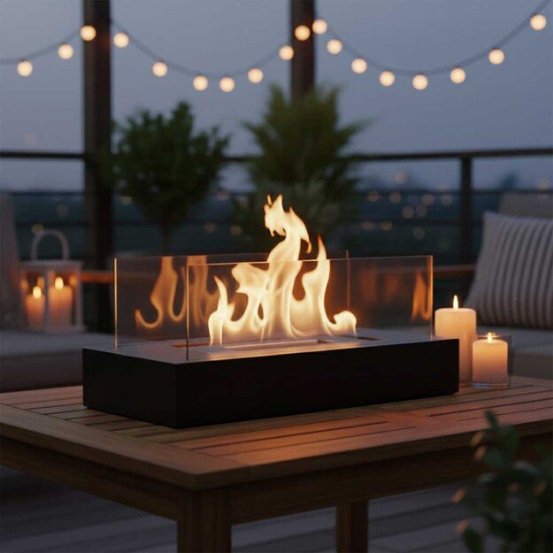 Laisvai pastatoma stačiakampė, nedūmijanti, ant stalo pastatoma biokuro krosnelė