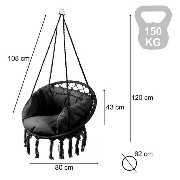 Er&scaron;kėčių lizdas fotelis supynės su atlo&scaron;u juodas 80cm + pagalvėlės