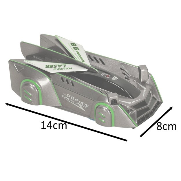 RC lazeriu valdomas automobilis, važiuojantis ant sienos lazerio pilka spalva