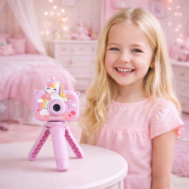 Vaiki&scaron;kas skaitmeninis fotoaparatas ant trikojo vienaragis violetinės spalvos