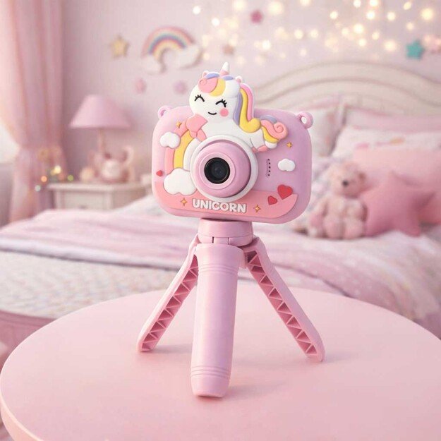 Vaiki&scaron;kas skaitmeninis fotoaparatas ant trikojo vienaragis violetinės spalvos