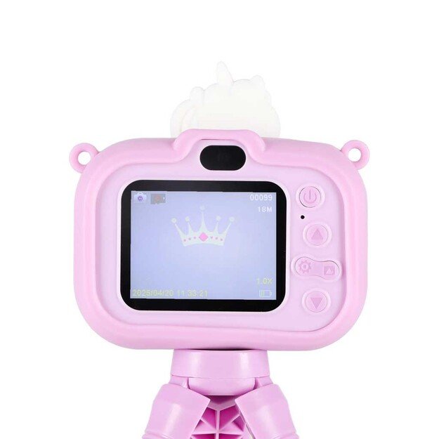 Vaiki&scaron;kas skaitmeninis fotoaparatas ant trikojo vienaragis violetinės spalvos