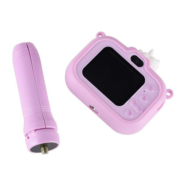 Vaiki&scaron;kas skaitmeninis fotoaparatas ant trikojo vienaragis violetinės spalvos