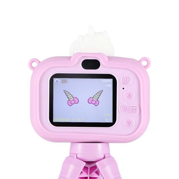 Vaiki&scaron;kas skaitmeninis fotoaparatas ant trikojo vienaragis violetinės spalvos