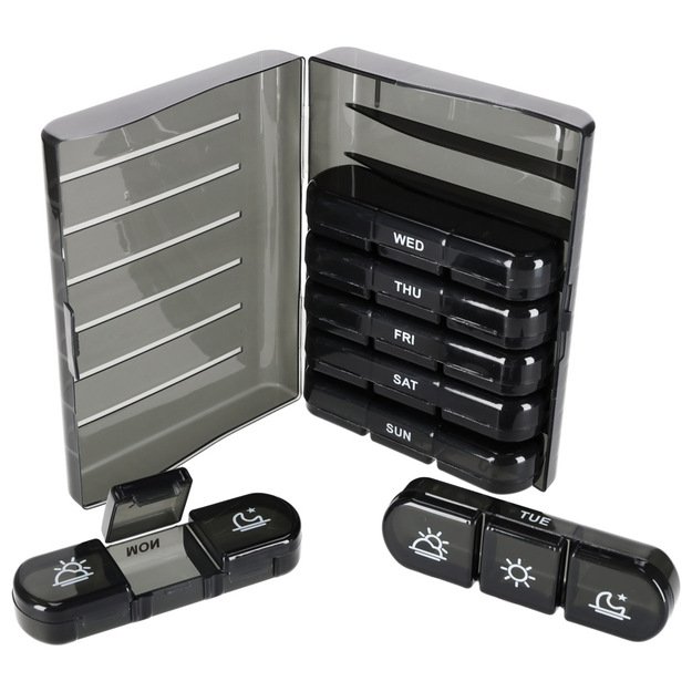 Vaistų tablečių organizatoriaus konteineris juodas