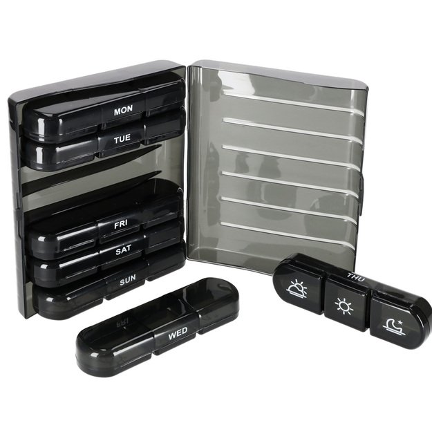 Vaistų tablečių organizatoriaus konteineris juodas