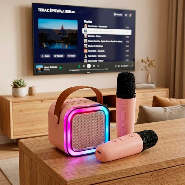 Karaokės rinkinys 2 mikrofonai + ne&scaron;iojamas garsiakalbis BLUETOOTH USB LED rožinis