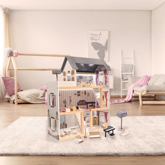 MDF medinis lėlių namelis + baldai 78cm juodas LED