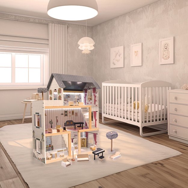 MDF medinis lėlių namelis + baldai 78cm juodas LED