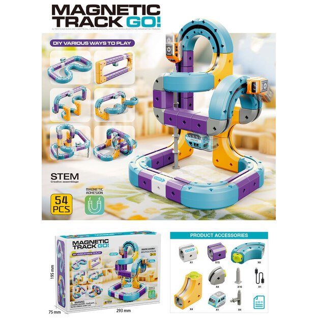 Magnetinės kaladėlės lenktynių trasos automobiliams 54 elementai