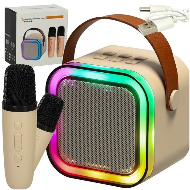 Karaokės rinkinys 2 mikrofonai + ne&scaron;iojamas garsiakalbis BLUETOOTH USB LED smėlio spalvos