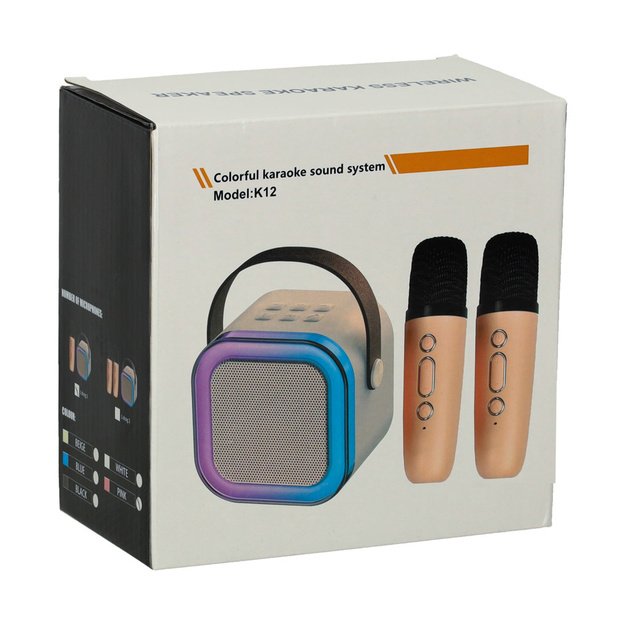 Karaokės rinkinys 2 mikrofonai + ne&scaron;iojamas garsiakalbis BLUETOOTH USB LED smėlio spalvos