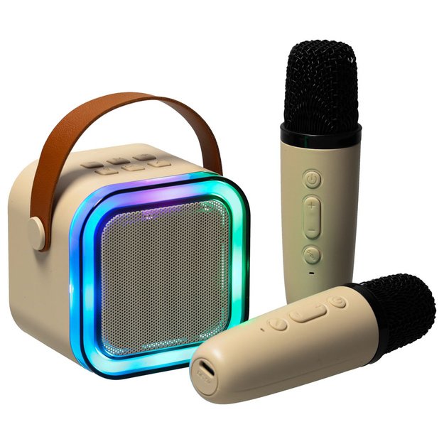 Karaokės rinkinys 2 mikrofonai + ne&scaron;iojamas garsiakalbis BLUETOOTH USB LED smėlio spalvos