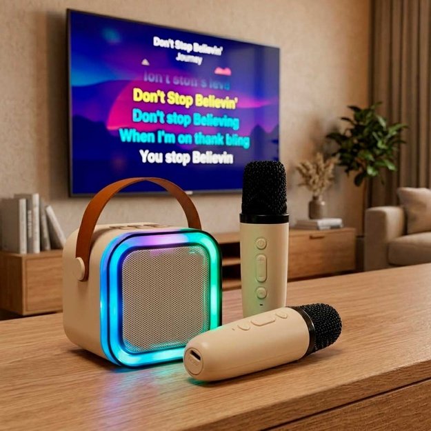 Karaokės rinkinys 2 mikrofonai + ne&scaron;iojamas garsiakalbis BLUETOOTH USB LED smėlio spalvos