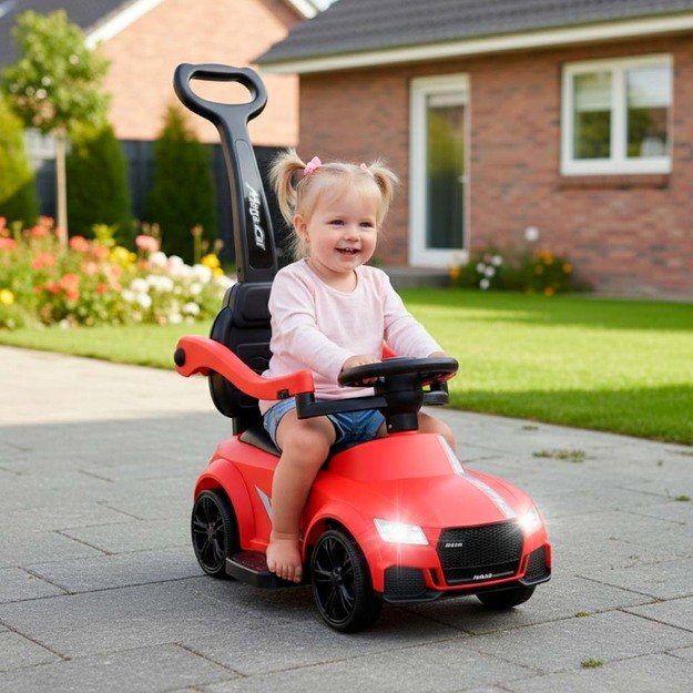 Paspiriamas stumiamas automobilis mašinėlė 3 viename  su garsu, šviesomis, raudona spalva