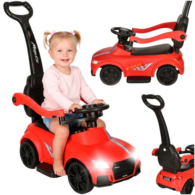 Paspiriamas stumiamas automobilis mašinėlė 3 viename  su garsu, šviesomis, raudona spalva