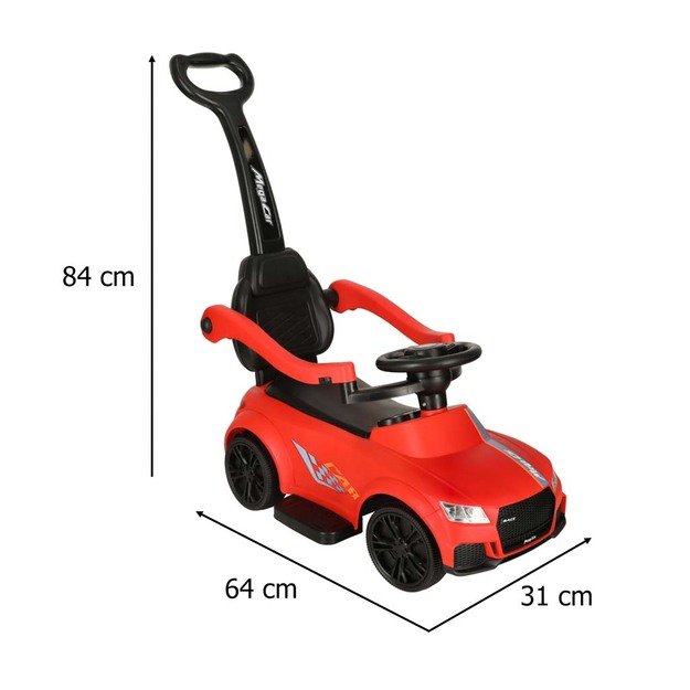 Paspiriamas stumiamas automobilis mašinėlė 3 viename  su garsu, šviesomis, raudona spalva