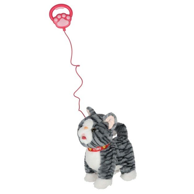 Interaktyvi katė ant pavadėlio miauksi vaik&scaron;to vizgina uodegą vizgina pilką