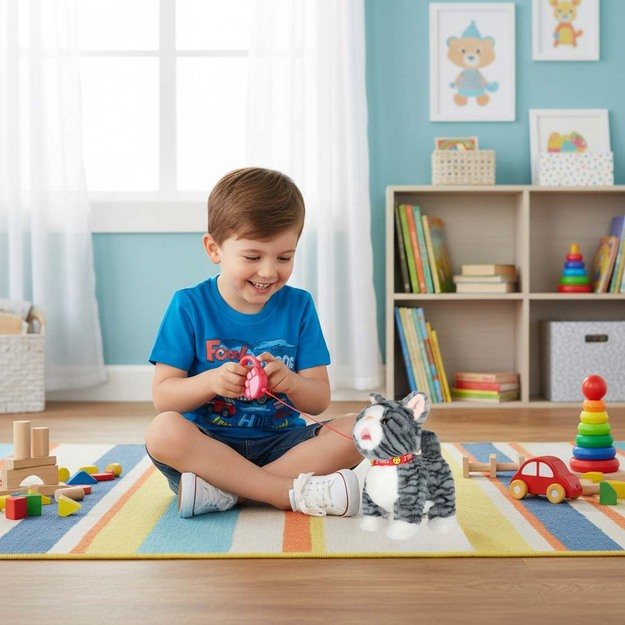 Interaktyvi katė ant pavadėlio miauksi vaik&scaron;to vizgina uodegą vizgina pilką