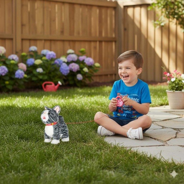 Interaktyvi katė ant pavadėlio miauksi vaik&scaron;to vizgina uodegą vizgina pilką