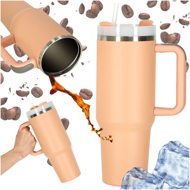 Termo puodelis su &scaron;iaudeliu ir rankenėle termosas 1200ml pudros rožinės spalvos