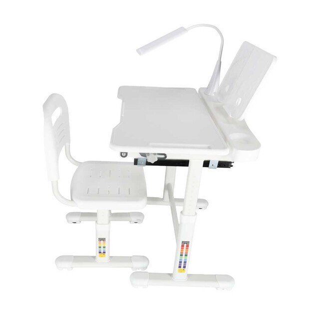 Vaikų mokyklinis ra&scaron;omasis stalas reguliuojama kėdė LED &scaron;viesa USB balta