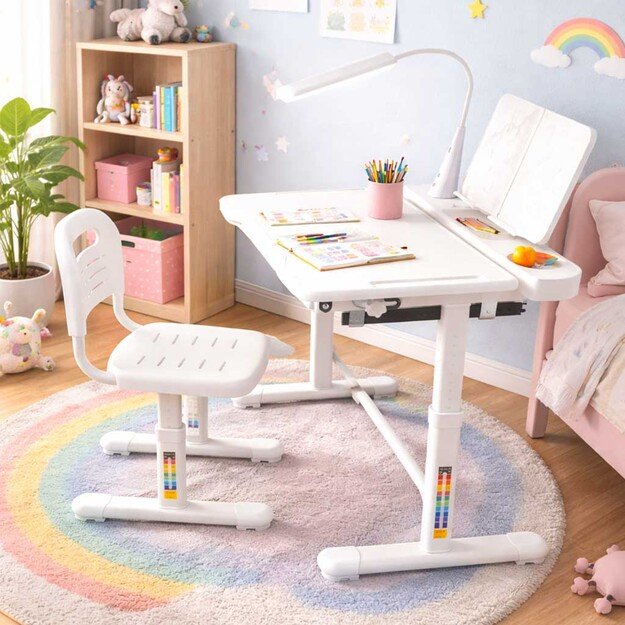 Vaikų mokyklinis ra&scaron;omasis stalas reguliuojama kėdė LED &scaron;viesa USB balta