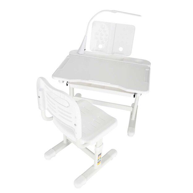 Vaikų mokyklinis ra&scaron;omasis stalas reguliuojama kėdė LED &scaron;viesa USB balta