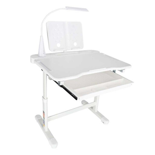 Vaikų mokyklinis ra&scaron;omasis stalas reguliuojama kėdė LED &scaron;viesa USB balta