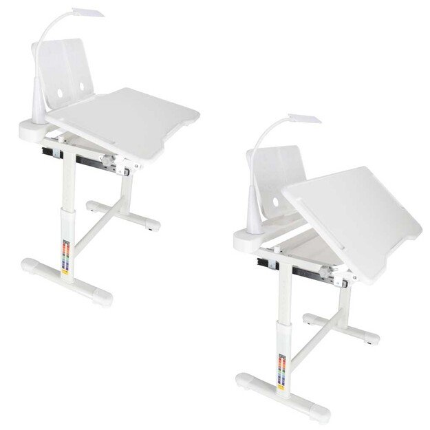 Vaikų mokyklinis ra&scaron;omasis stalas reguliuojama kėdė LED &scaron;viesa USB balta