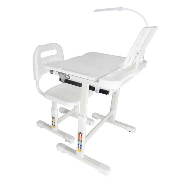 Vaikų mokyklinis ra&scaron;omasis stalas reguliuojama kėdė LED &scaron;viesa USB balta