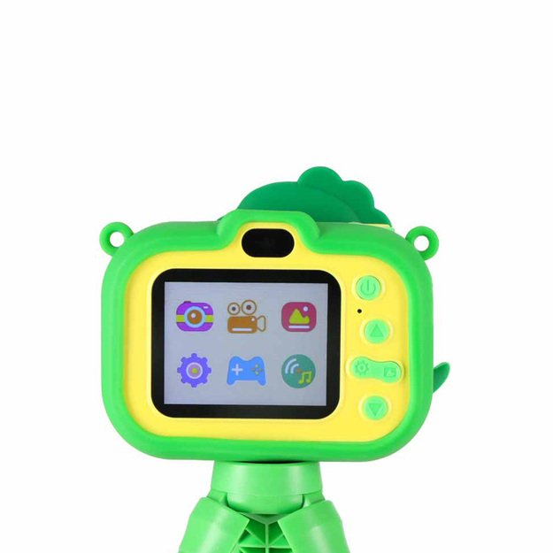 Vaiki&scaron;kas skaitmeninis fotoaparatas ant trikojo dinozauras žalias