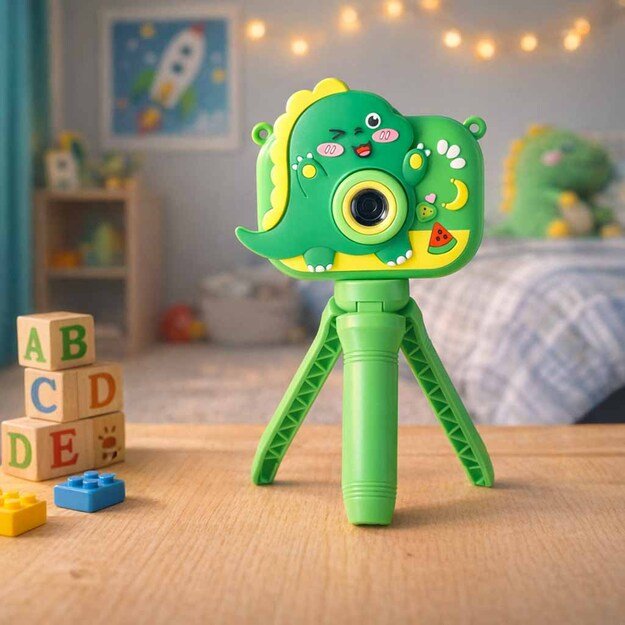 Vaiki&scaron;kas skaitmeninis fotoaparatas ant trikojo dinozauras žalias