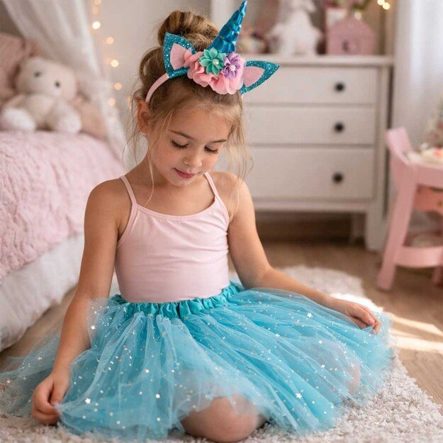 Vienaragio karnavalinis kostiumas galvos apdangalas + sijonas mėlynas 3-6 metų amžiaus